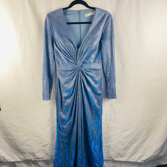 Ieena for Mac Duggal Blue Metallic Deep V-Neck Front Twist Maxi Gown Size 4 - Picture 3 of 10